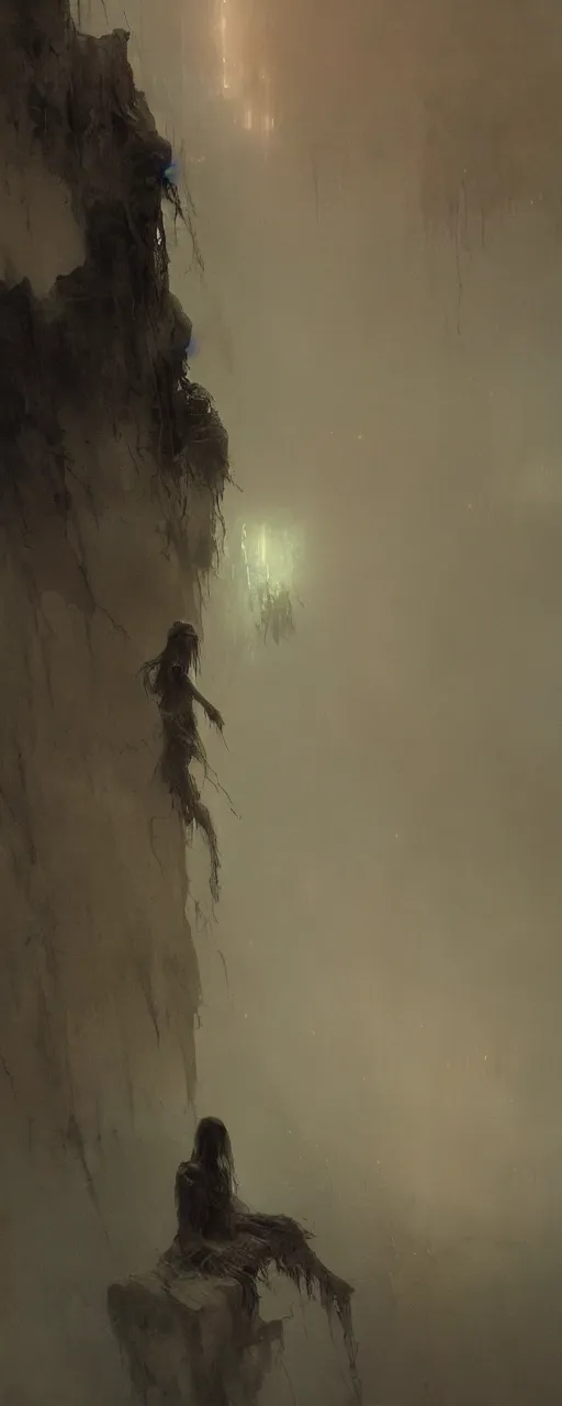 Image similar to she peers into the abyss and sees the abyss looking back at her, dramatic cinematic lighting, smooth, sharp details, intricate, sad and powerful painting by beksinski and ruan jia and greg rutkowski and android jones