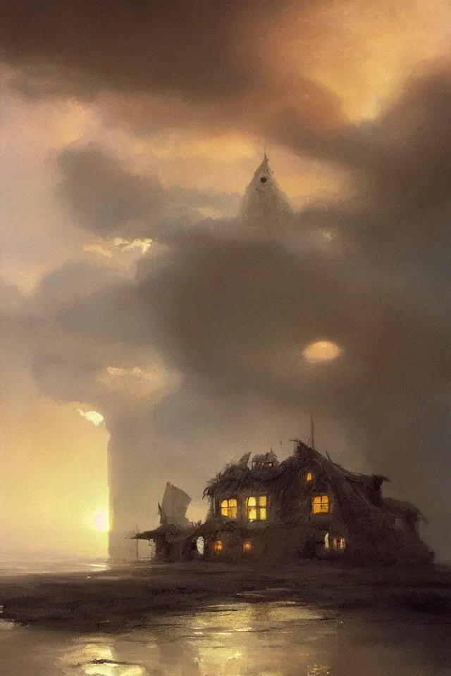 Image similar to painting of a giant seashell house where a young girl lives by john harris, atmospheric, concept art