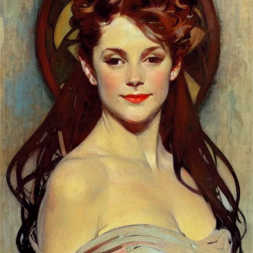 Image similar to portrait of a beautiful woman by gil elvgen, greg manchess, mucha