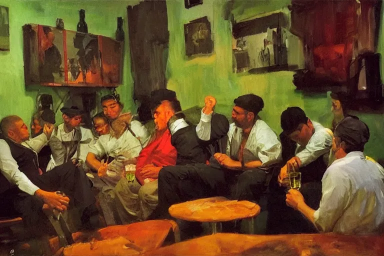 Image similar to cholos drinking brutal and raw wine, inside a tiny green room with red lights by joaquin sorolla, greg rutkowski, bill sienckiwicz, extremely detailed