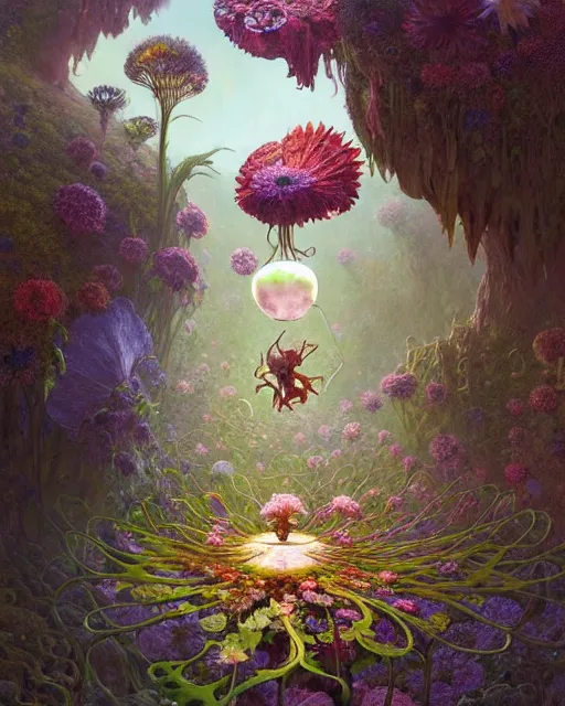 Image similar to the platonic ideal of flowers, sprouting, insects and praying of cletus kasady carnage davinci mandelbulb ponyo alice in wonderland dinotopia watership down, d & d, fantasy, ego death, mdma, dmt, psilocybin, concept art by greg rutkowski and simon stalenhag and alphonse mucha