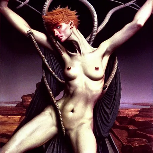 Prompt: still frame from Prometheus movie, Slaanesh succubus godess editorial by wayne barlowe by caravaggio by giger by malczewski