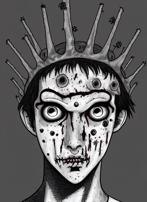 Image similar to junji ito style portrait of zombie teenage jughead jones wearing a light grey crown, zombie, crown, rotting skin, blind eyes, white eyes, crown, black hair, intricate, highly detailed, illustration, art by junji ito