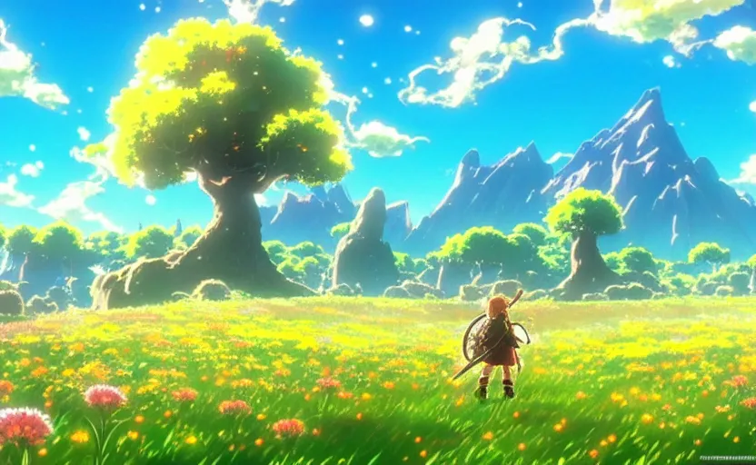 Image similar to fantastic anime sunny meadow with flowers, lone old Oak in the middle plane and mountains on the background, by Hayao Miyazaki, Nausicaa, Ghibli, Breath of the wild, Anime wallpaper