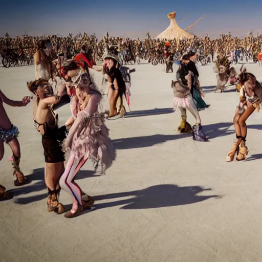 Prompt: group of cats dancing at burning man festival