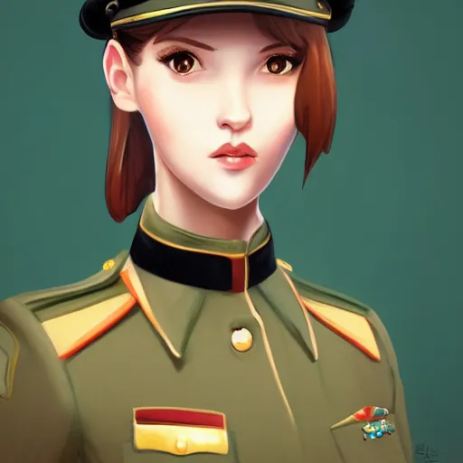 Image similar to portrait bust of young woman with long light brown hair and hazel eyes dressed in a sharp dark teal military uniform with beret, smiling, bokeh background, ilya kuvshinov, anime, ross tran, artgerm, concept art, artstation trending
