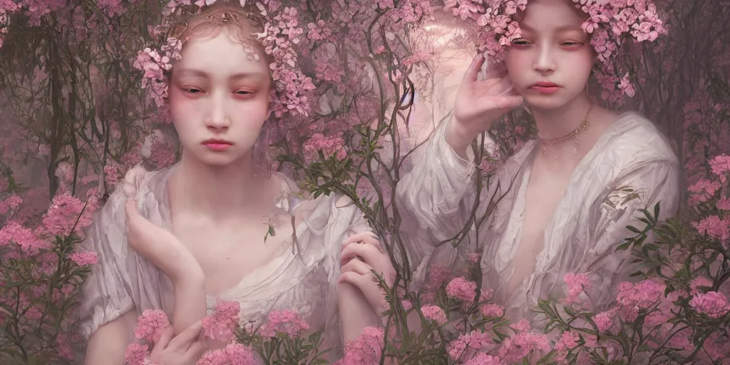 Image similar to breathtaking detailed weird concept art painting of few goddesses of light pink flowers, orthodox saint, with anxious, piercing eyes, ornate background, amalgamation of leaves and flowers, by Hsiao-Ron Cheng, extremely moody lighting, 8K