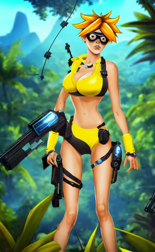 tracer game character, in black bikini, blonde hair