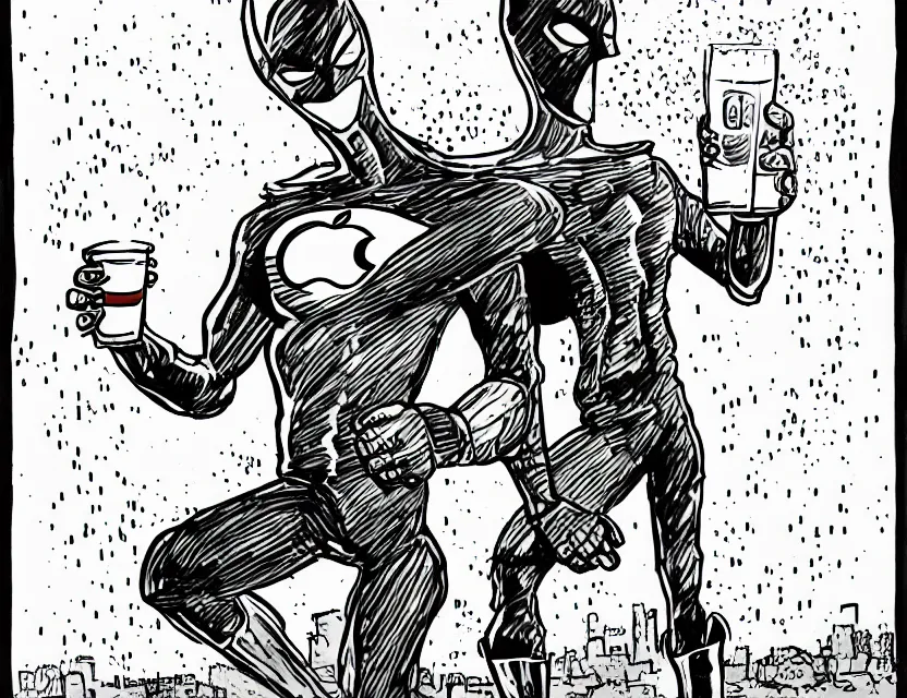 Prompt: cider - man, the superhero who really likes apple juice. this ink painting by the award - winning cartoonist has dramatic lighting, an interesting color scheme and great sense of depth.