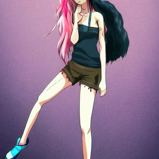 Prompt: anime woman with short pink hair in a bob style, light brown eyes, blue tank top, black pants, waving and smiling, anime art style like princess Mononoke