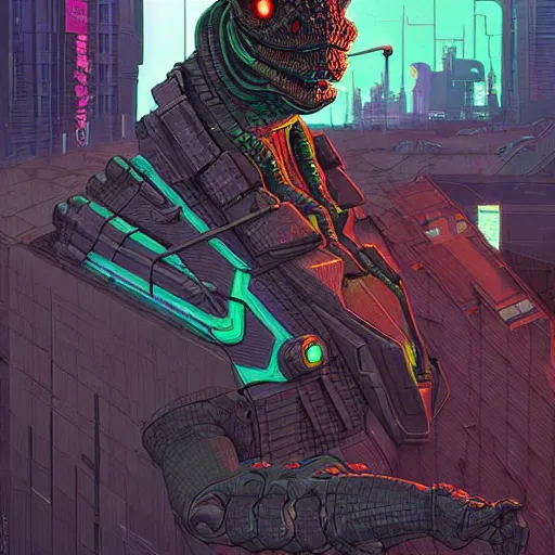 Image similar to A cyberpunk reptile cyborg on the street of a cyberpunk city art by Josan Gonzalez, sci-fi, highly detailed, digital painting, artstation, smooth, sharp focus, illustration, concept art by Josan Gonzalez and James Gurney and Mœbius