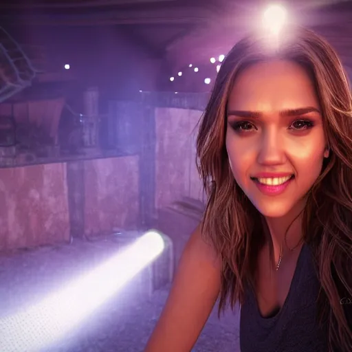 Image similar to jessica alba selfie, 8 k ultra realistic, lens flare, atmosphere, glow, detailed, intricate, full of colour, led lighting, 4 k, hyperrealistic, focused, extreme details, unreal engine 5, masterpiece