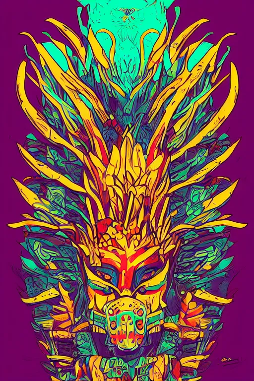 Image similar to animal mask totem roots flower tribal feather gemstone plant wood rock shaman vodoo video game vector cutout illustration vivid multicolor borderlands comics by josan gonzales and dan mumford radiating a glowing aura