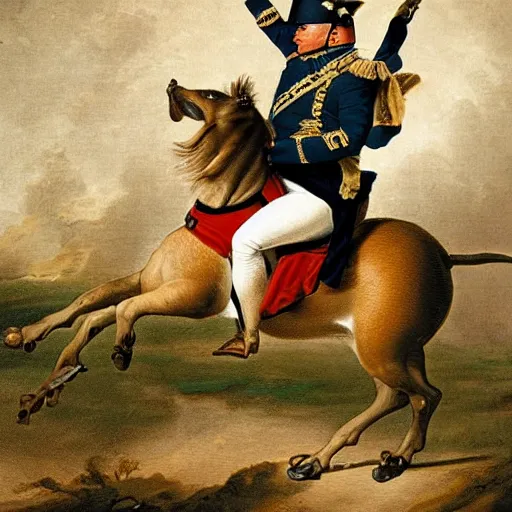 Image similar to french bulldog riding horse in battle like napoleon, painted by saint - bernard