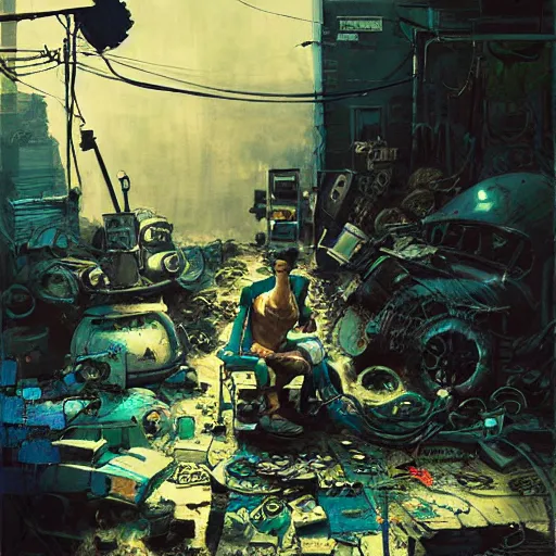 Image similar to An old punk sitting alone in a junkyard with his robot friend + black layered paper + end of the world theme + elements + dark blue and green tones + neon + baroque + rococco + white + ink + marc simonetti, craig mullins, peter mohrbacher, michael whelan, detailed, intricate ink illustration, cinematic, mucha