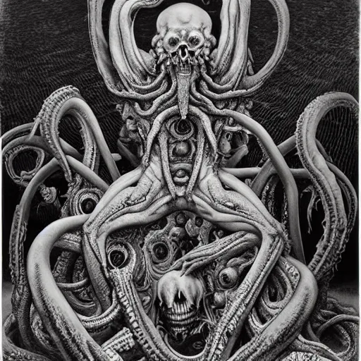 Image similar to monstrous and twisted altar with a statue to a many eyeballs, pustule, boil, veiny and four armed cthulhu statue, flayed skulls, slimy tentacles twisting in lotus position. in the style of hr giger and zdzisław beksinski and frank frazetta. golden hour. biomechanical oil painting horror gothic hyperrealistic detail