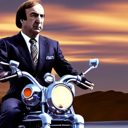 Prompt: Saul Goodman driving a motorcycle, highly detailed, 4k