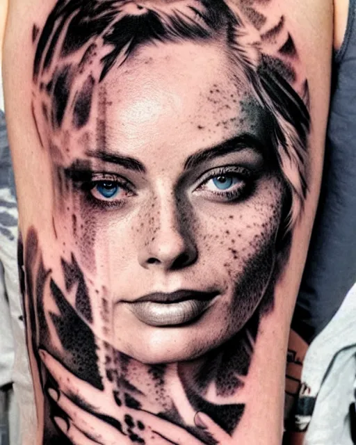 Image similar to creative double exposure effect tattoo design sketch of margot robbie face blended in beautiful mountain scenery, realism tattoo, in the style of matteo pasqualin, amazing detail, sharp