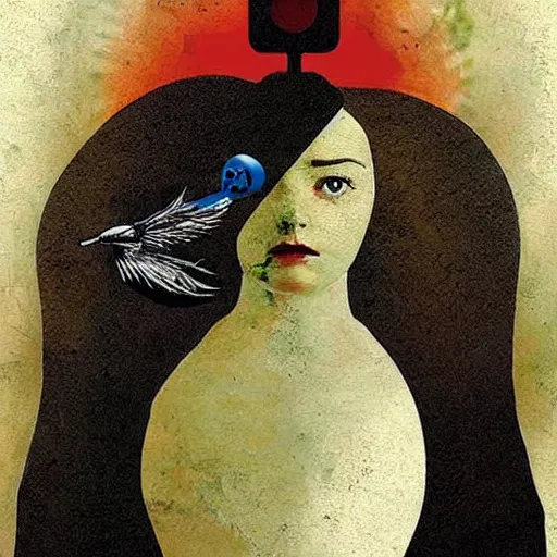 Image similar to a naive woman with a memory that survives the reset of the world, and a small robot bird on her shoulder, collage artwork by dave mckean and esao andrews