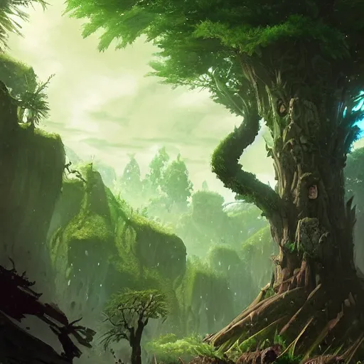 Image similar to green tree giant ents, tree giant, epic fantasy style, in the style of Greg Rutkowski, hearthstone artwork