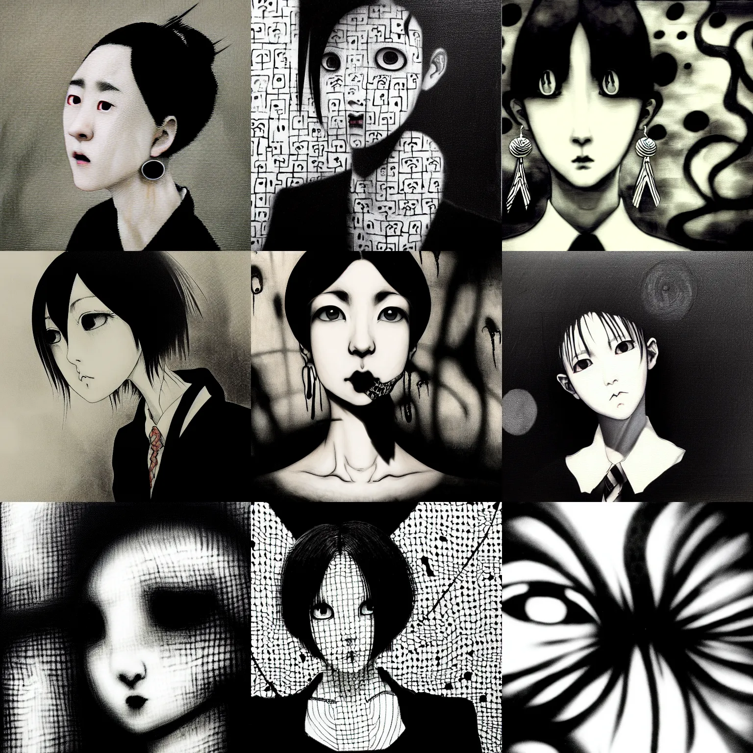 Prompt: black and white yoshitaka amano blurred and dreamy realistic three quarter angle horror portrait of a sinister young woman with short hair, big earrings and black eyes wearing office suit with tie, junji ito abstract patterns in the background, satoshi kon anime, noisy film grain effect, highly detailed, renaissance oil painting, weird portrait angle, blurred lost edges