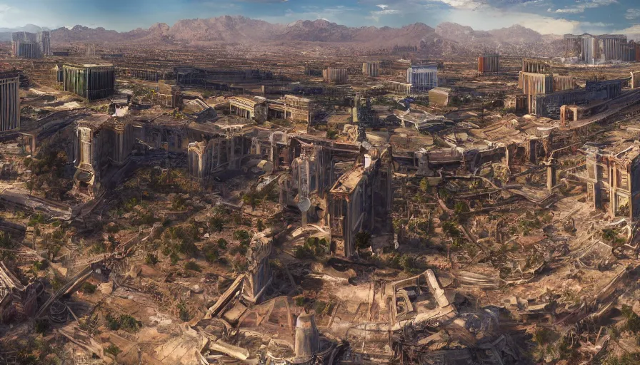 Prompt: panorama of las vegas ruins, hyperdetailed, artstation, cgsociety, 8 k