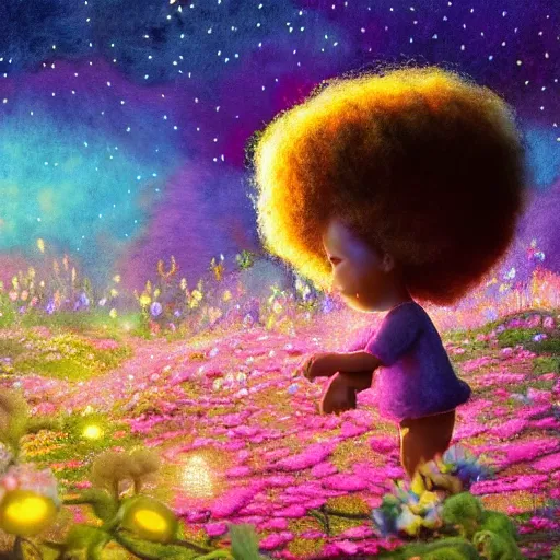 Image similar to a black girl with big cute! eyes and a colorful afro chasing fireflies through a field of flowers at sunset, bright colors, synthwave, watercolor, volumetric wool felting, felt, macro photography, children illustration, global illumination, radiant light, detailed and intricate environment, by goro fujita, bokeh!!!!