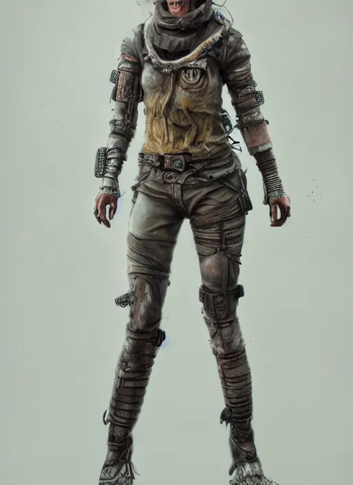 Prompt: full body concept art illustration pastel painting of a female mad max in intricate clothing, beautiful face, ultra detailed, octane render, 8K, dystopian, micro details