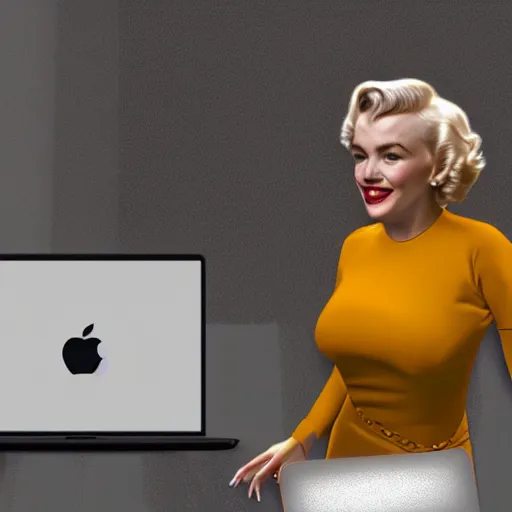 Prompt: Marilyn Monroe using a macbook photorealistic vfx simulation