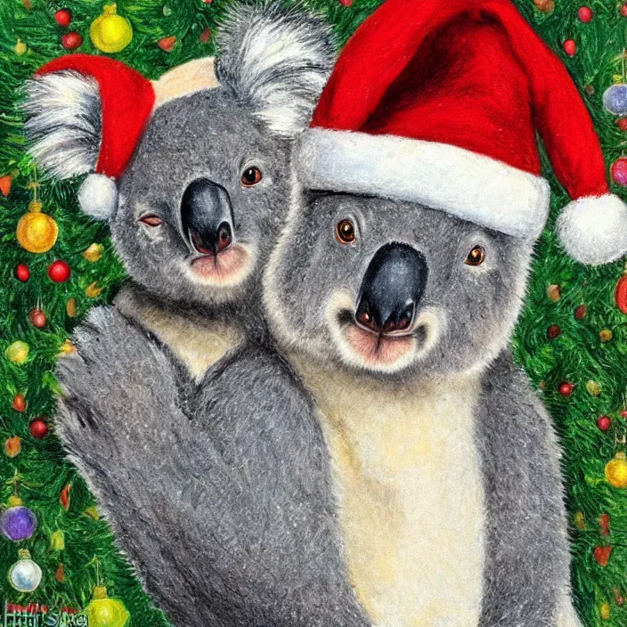 Prompt: a cute koala wearing a christmas hat by louis wain