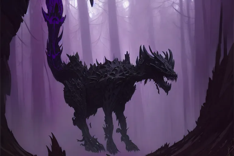 Prompt: concept art of a dispacer beast, d & d creature, by greg rutkowski and alphonse mucha, gradient black to purple, monoliths in a dark forest background, highly detailed, digital painting, artstation, concept art, smooth, sharp focus illustration, artstation hq