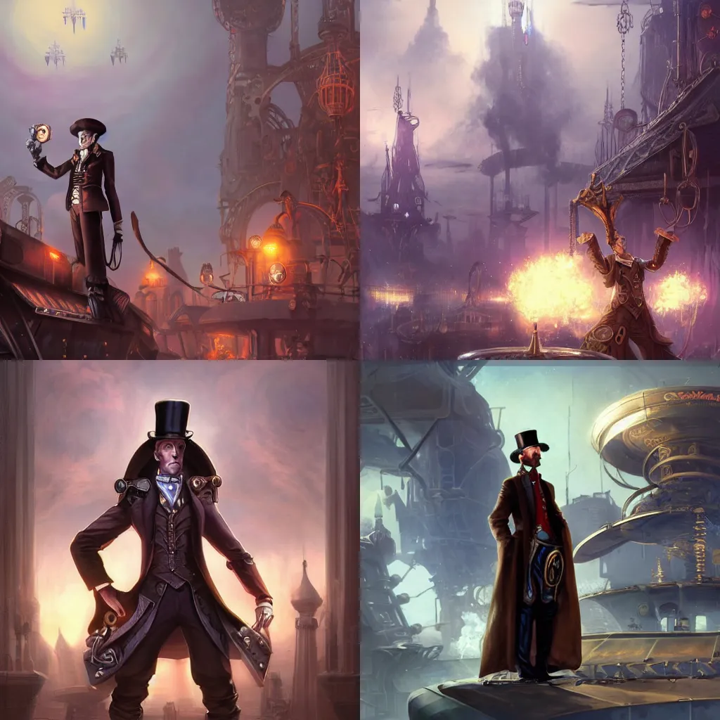 Prompt: a poster of a noble slender male in hat in the center, posing with crossed arms, steampunk spaceship on background, by tyler edlin and lindsey look, victorian, concept art, steam romance, adventure, detailed, 4k resolution, trending on artstation