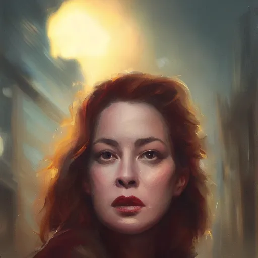 Image similar to closeup portrait of esme bianco, dramatic lighting, city background, sunset, chiaroscuro, complementary contrast high detail, painted by greg rutkowski, painted by igor kieryluk, painted by bobby chiu, trending on artstation