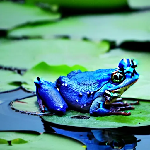 Image similar to cute blue frog sitting on a water lily, intricate, elegant, sharp focus, illustration, highly detailed, concept art, matte, trending on artstation, anime, art by kuvshinov ilya h 6 4 0