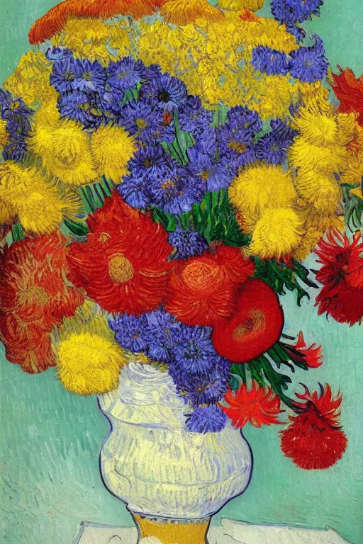 Prompt: painting of a beautiful vase of brightly coloured flowers by van gogh and Thomas kinkade