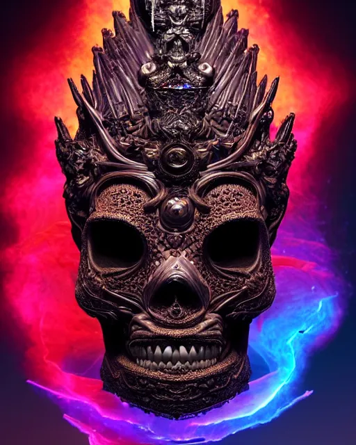 Image similar to 3 d ornate carved dark cosmic king queen profile portrait, sigma 5 0 0 mm f / 5. beautiful intricate highly detailed quetzalcoatl skull. bioluminescent, plasma, lava, ice, water, wind, creature, thunderstorm! artwork by tooth wu and wlop and beeple and greg rutkowski, 8 k trending on artstation