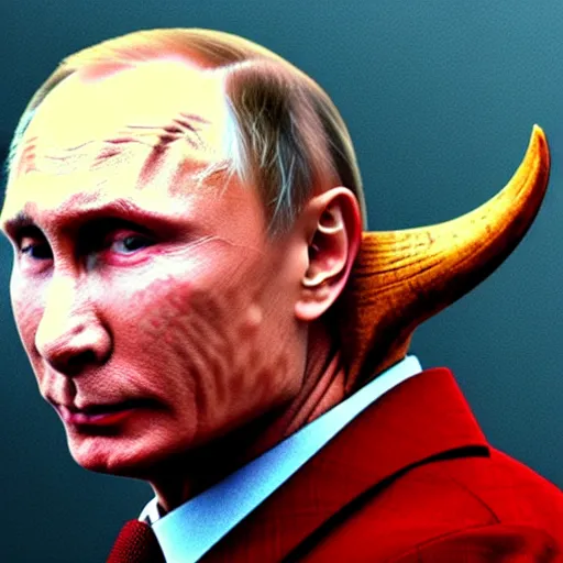 Image similar to portrait of vladimir putin in the form of a devil, with goat horns, red skin and a look of fear on his face