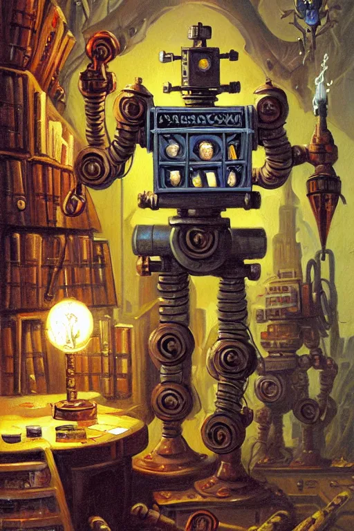 Prompt: classic oil painting, a drilling robot dressed as a medieval librarian, as a dnd character, inside a cluttered bedroom, cottagecore, highly detailed, digital illustration, concept art, smooth, sharp focus, art by roy c. krenkel, and boris vallejo, and manuel sanjulian, magic the gathering, ice