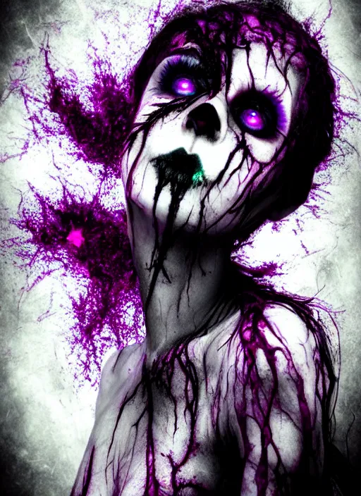 Prompt: gothic soul - spirit with galaxy dead eyes, random decor of necro blast, psycho colors veins, realistic flavor, twisted sorrow fade soft, award winning photoshoot, faded soft