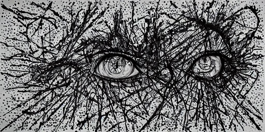 Image similar to deconstructed eye camo, technical, acrylic, teeth, death metal, eerie, tribal, clay, dotting, lines, stipple, points, cybernetic, style of old painting, francis bacon art, sleep paralysis, hypnosis, eerie, terror, oil, neon, black and white, splotches, colorful dots, ominous, abstract