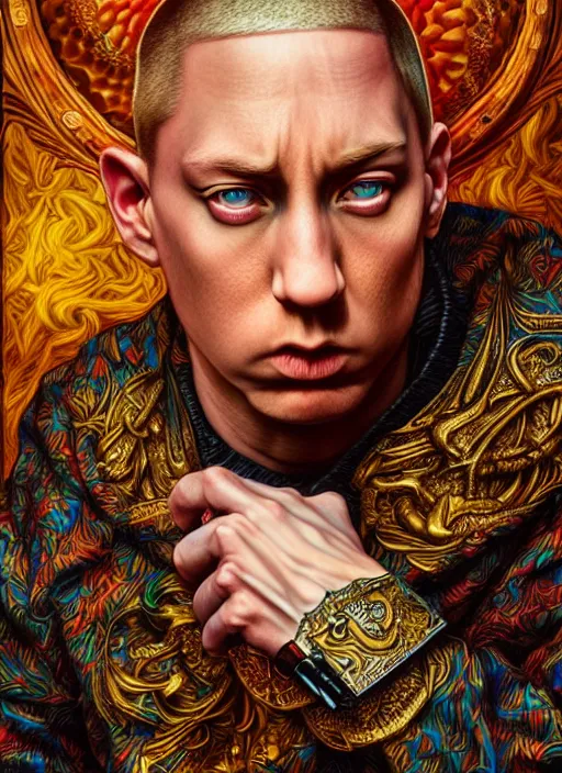 Prompt: : eminem fantasy, fantasy magic,  , intricate, sharp focus, illustration, highly detailed, digital painting, concept art, jahbu art and Paul lewin and kehinde wiley, masterpiece