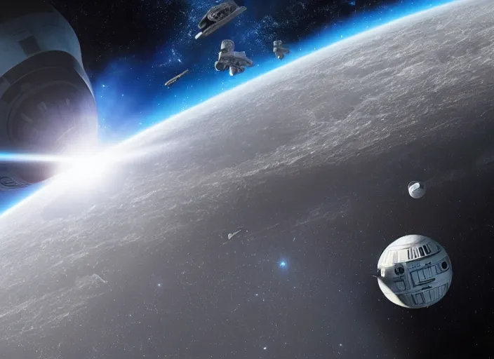 Image similar to film still of the death star hovering above earth in the new star wars movie, 4 k