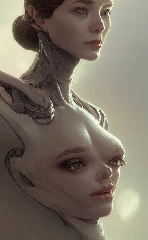 Image similar to portrait of a grey alien, pretty, confident, intricate, headshot, highly detailed, digital painting, artstation, concept art, sharp focus, cinematic lighting, illustration, art by artgerm and greg rutkowski, alphonse mucha, cgsociety