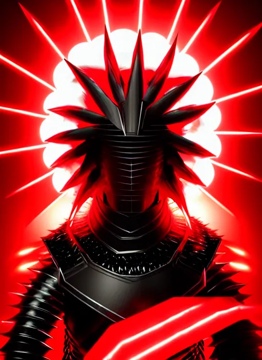 Image similar to a striking cinematic full body manga portrait of a long black haired teenager wearing imposing red jagged spiked plate armour and glowing with red energy by hirohiko araki and beeple, fine details, digital art, character concept art, volumetric lighting, cinematic light, photorealistic