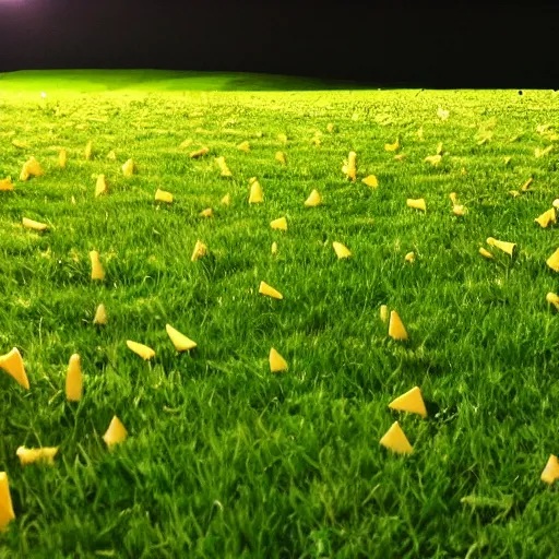 Image similar to a bunch of cheesen on a green meadow at night