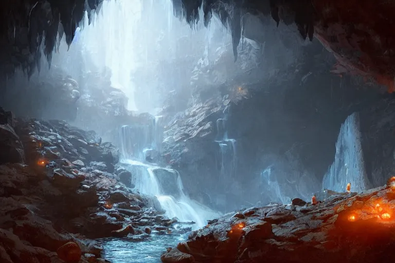 Prompt: inside of a dark cave, small water stream, orange minerals, fantasy, highly detailed, art by greg rutkowski