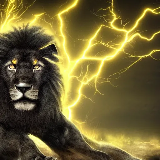 Prompt: epic pose of black lion with gold lightnings in the fur in the middle of the ancient forest , colossal scale, photorealistic, high details, intricate by Nick Nichols and Evgeniy Antonenkov