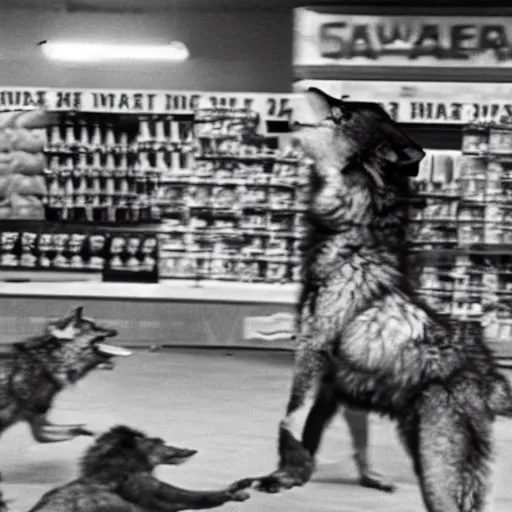 Image similar to Angry wolves are released on the set of Supermarket Sweep. (1975)