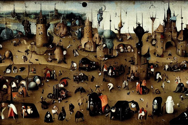 Image similar to urban parking lot painted by hieronymus bosch