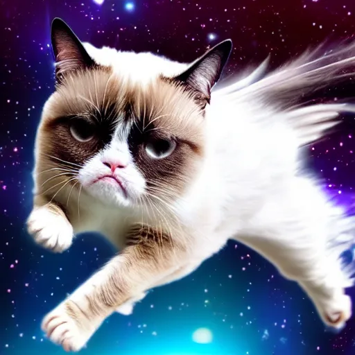 Image similar to photo of hyperspeed flying through outer space, grumpy cat running fast with motion blur